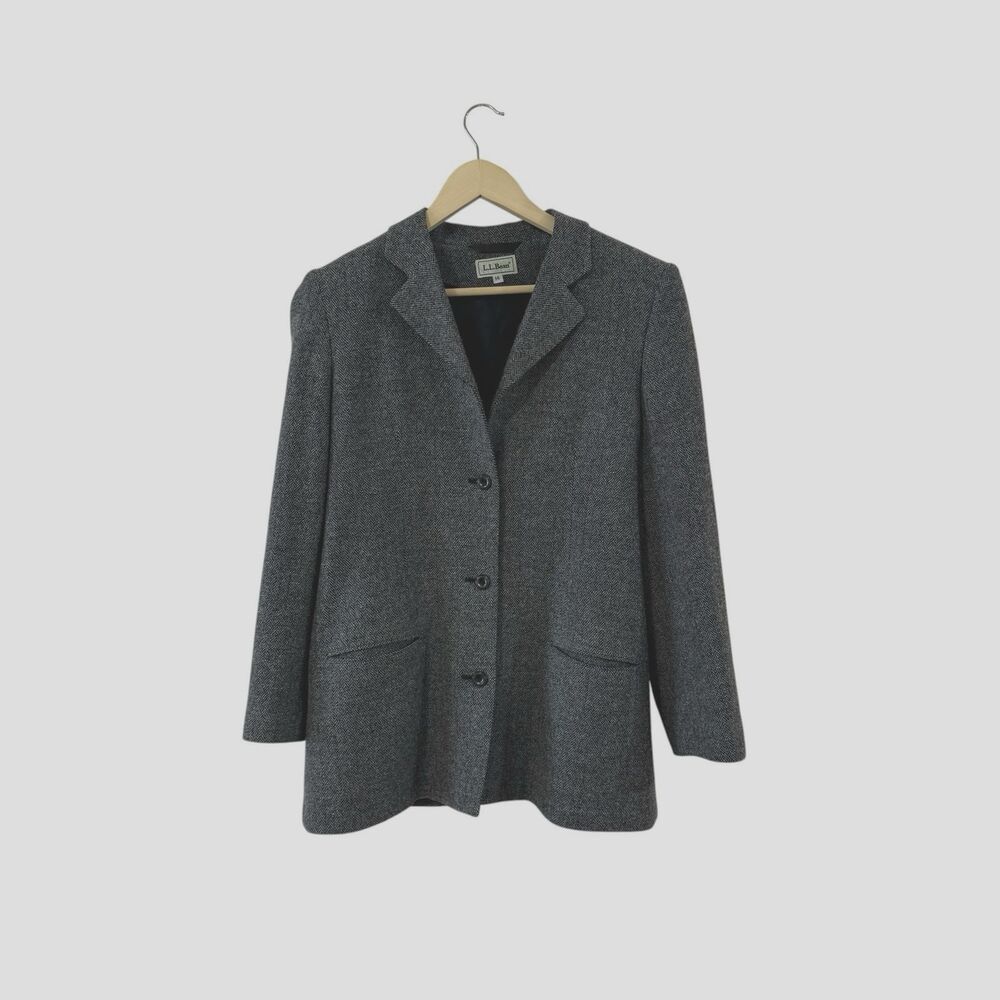 Vintage LL Bean 14 Herringbone Tweed Button Wool Blazer Jacket USA Made Womens